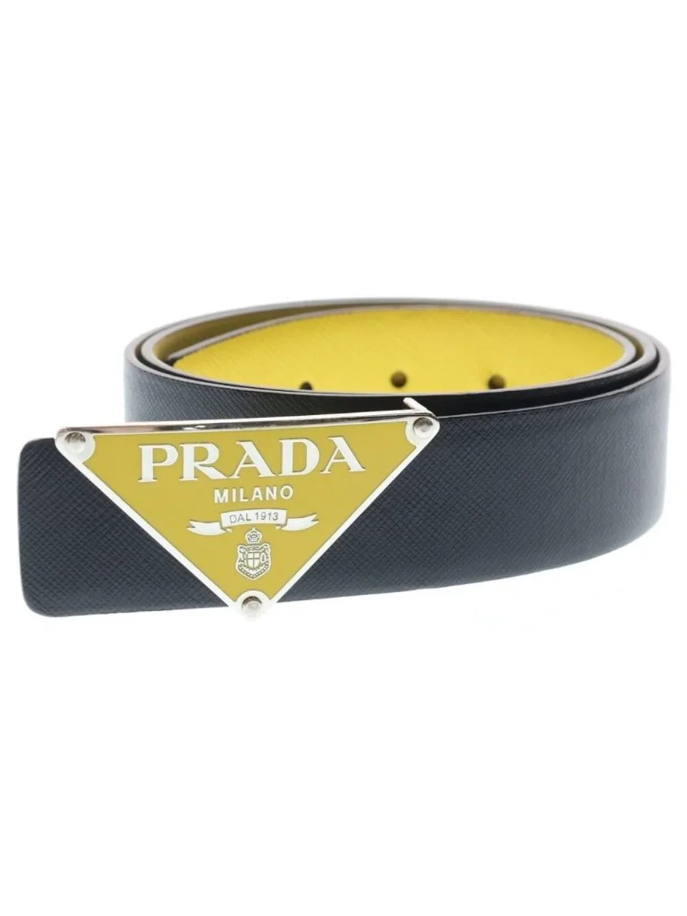 Prada Saffiano Triangle Logo Reversible Leather Belt with Metal Buckle 34 85